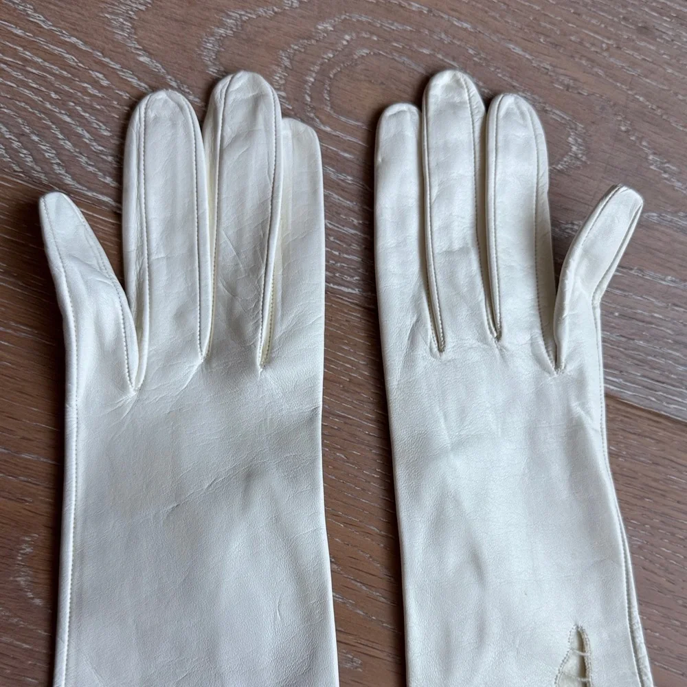 Vintage Kidskin Leather Embroidered Cream Long Gloves